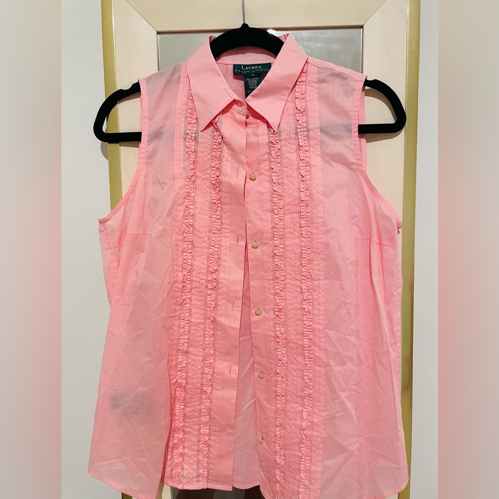 Ralph Lauren Pink Ruffle Sleeveless Button down Blouse Size S